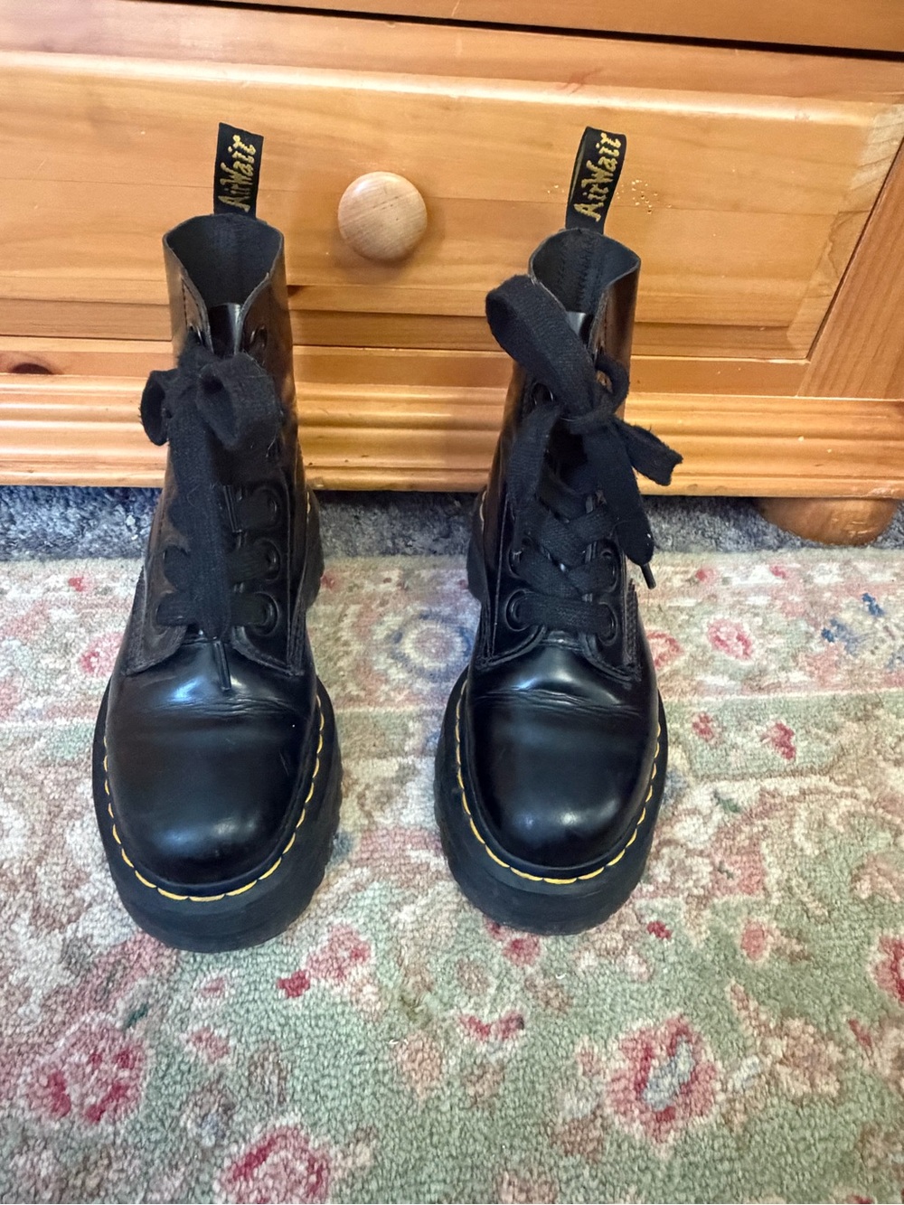 Dr. Martens Black Leather Lace-Up Platform Boots with Yellow Welt Stitching